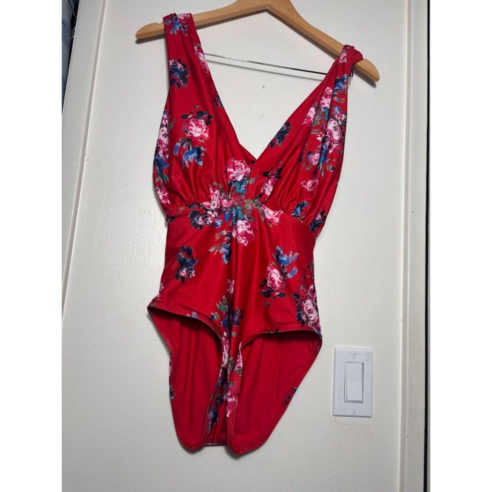 ModCloth The Lauren Red One-Piece Swimsuit sz Large Small Floral Plunging - Picture 3 of 5
